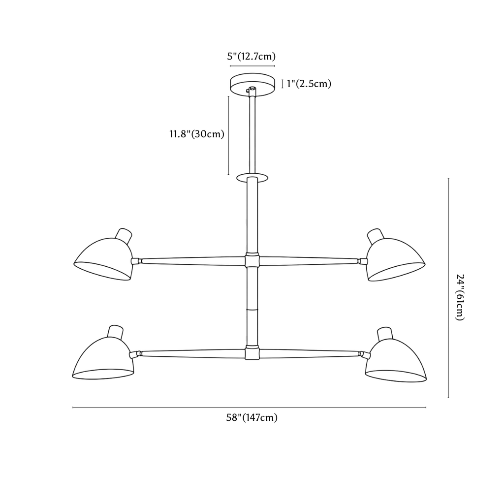 Clérachic chandelier dimension drawing, every measurement marked in centimetres and inches.