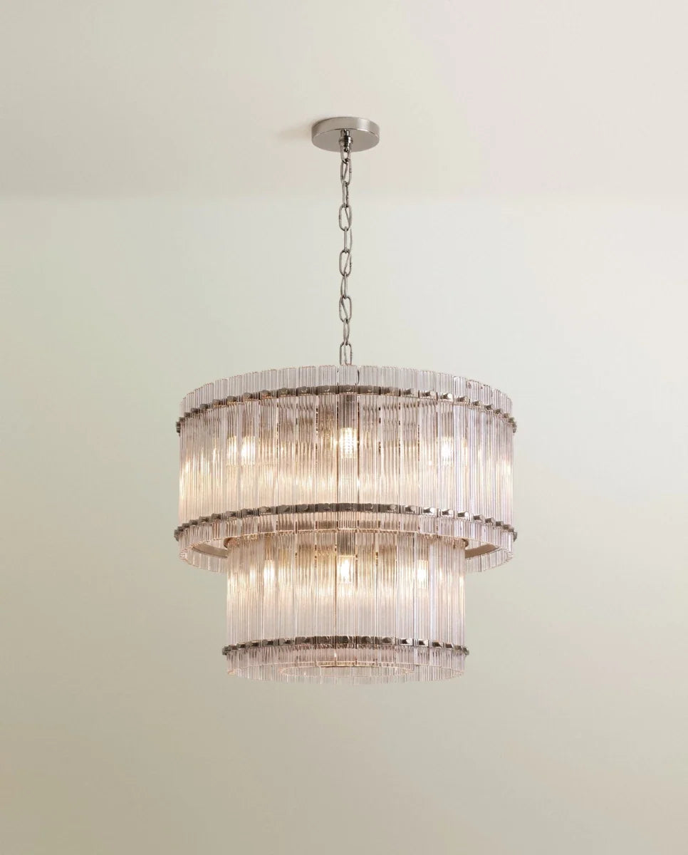 Clérachic two-tier chandelier in polished nickel with a bright silver chain, canopy and fluted clear glass rods.