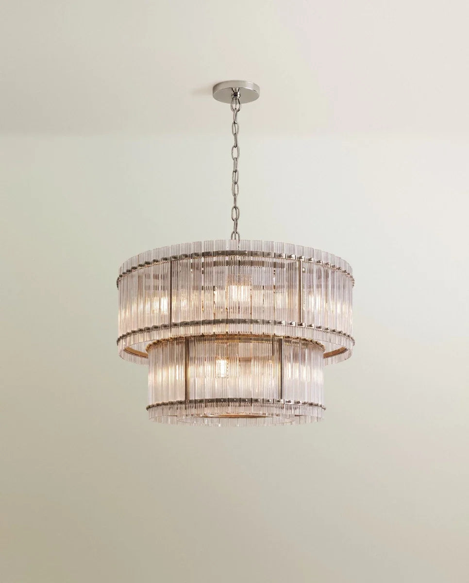 Clérachic mid-size two-tier chandelier in polished nickel, fluted glass rods framed by slim silver uprights on a chain.