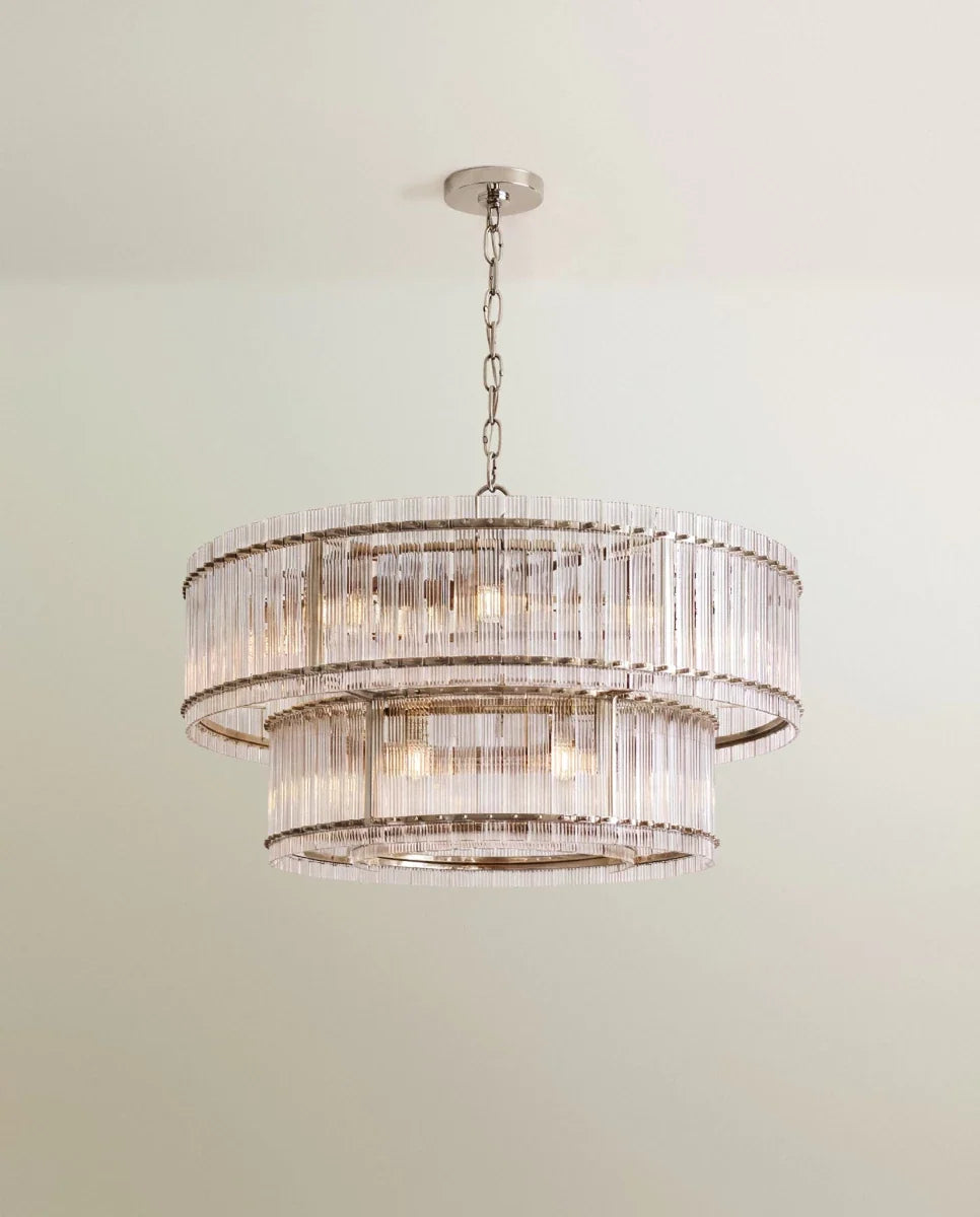 Clérachic wide two-tier chandelier in polished nickel with a broad upper ring and fluted clear glass rods on a silver chain.