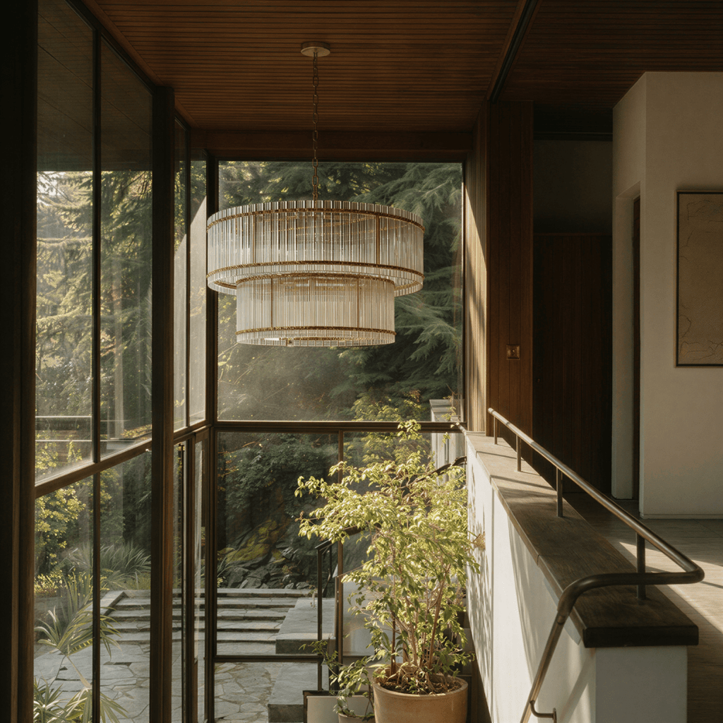 Clérachic antiqued brass two-tier chandelier hung in a glazed stairwell with a timber ceiling and trees outside.
