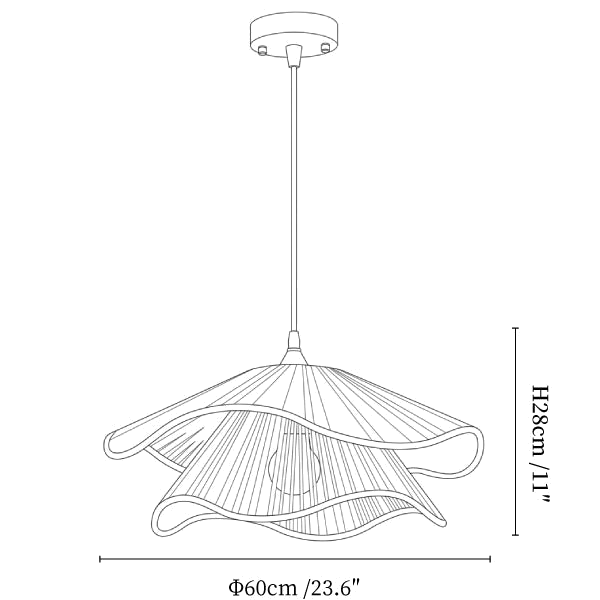Clérachic pendant light dimension drawing, every measurement marked in centimetres and inches.