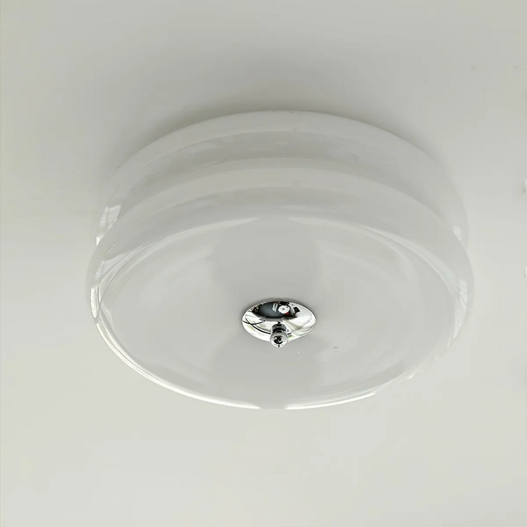Clérachic two-tier flush mount ceiling light in clear white glass, chrome finial on the flat glass underside.