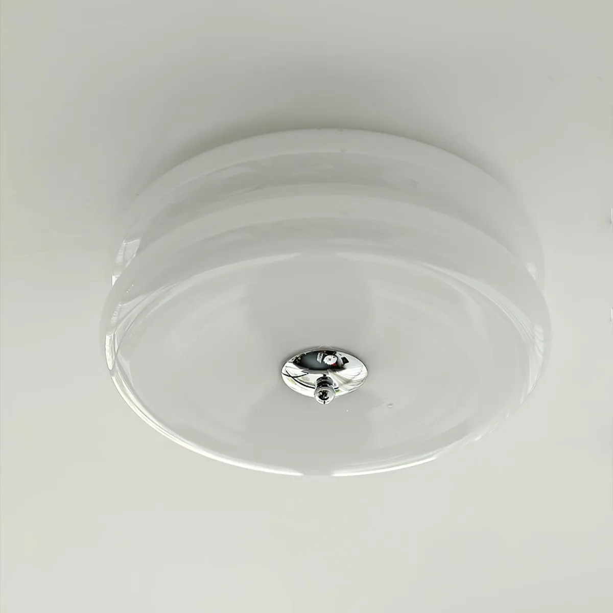 Clérachic two-tier flush mount ceiling light in clear white glass, chrome finial on the flat glass underside.