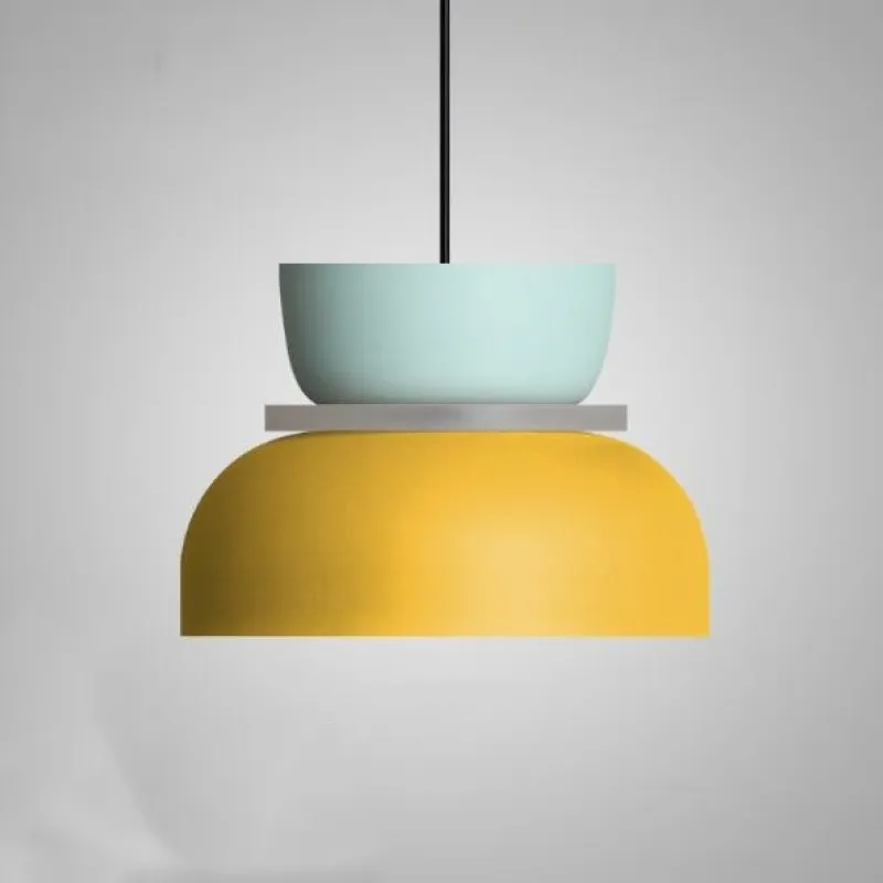 Studio shot of the Clérachic two-tone dome pendant in the Blue Yellow colourway, mint-blue top over a yellow dome.