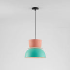 Full studio shot of the Clérachic two-tone dome pendant in pink and mint, hung from its black ceiling canopy.