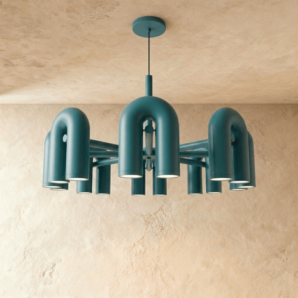 Clérachic widest chandelier in blue, a full ring of U-shaped arch modules with downlights, hung from a round ceiling plate.