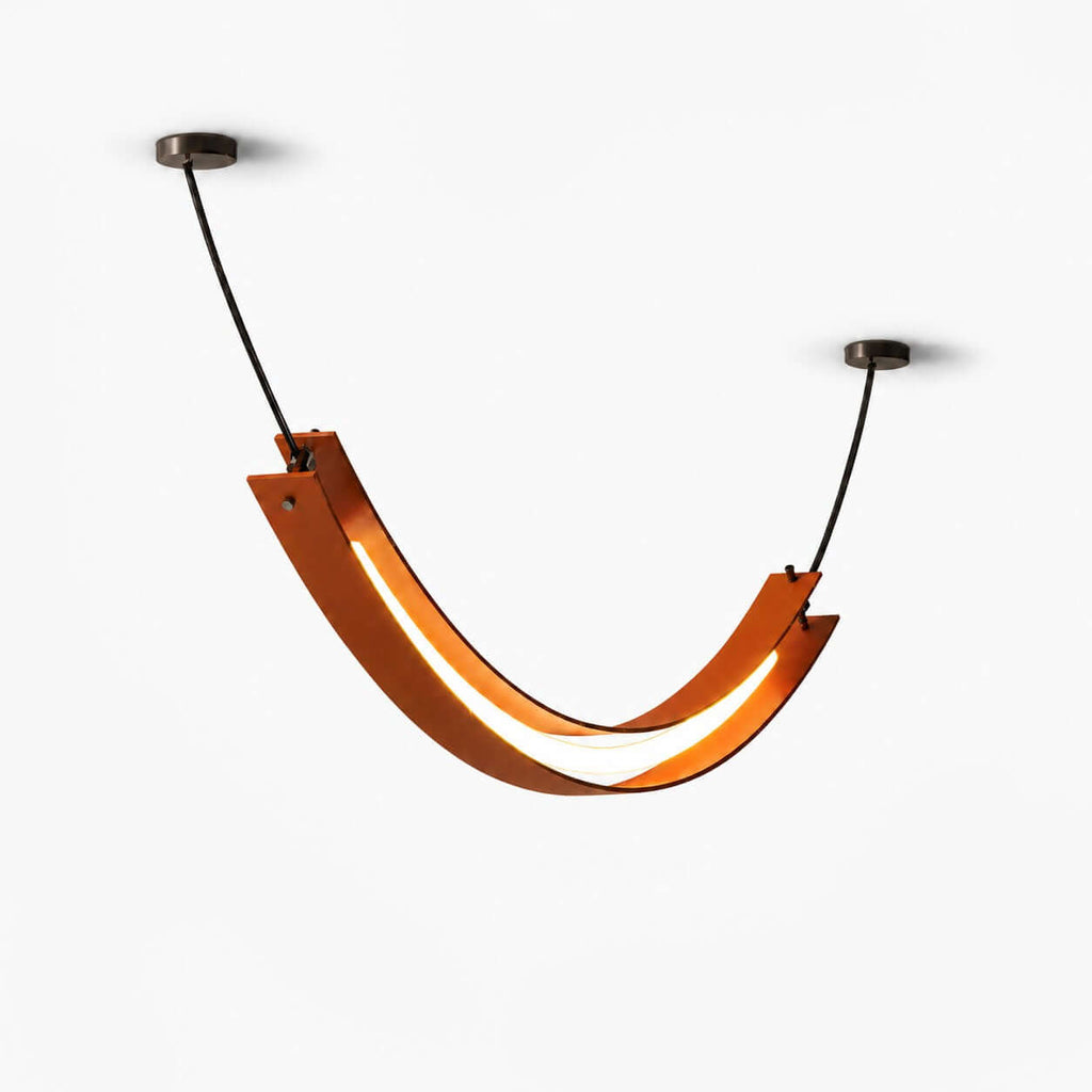 Clérachic U-shaped pendant in terracotta, with a glowing strip along the curve, hung by two thin black cords from round canopies, on white.