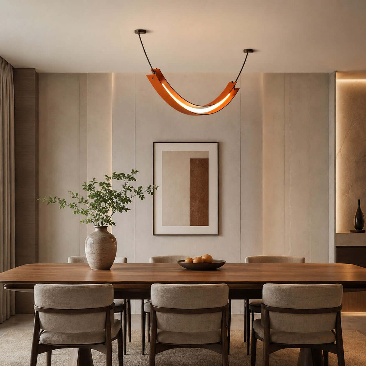 A Clérachic U-shaped pendant with a warm light strip hangs over a walnut dining table, in front of a framed print and a vase of stems.