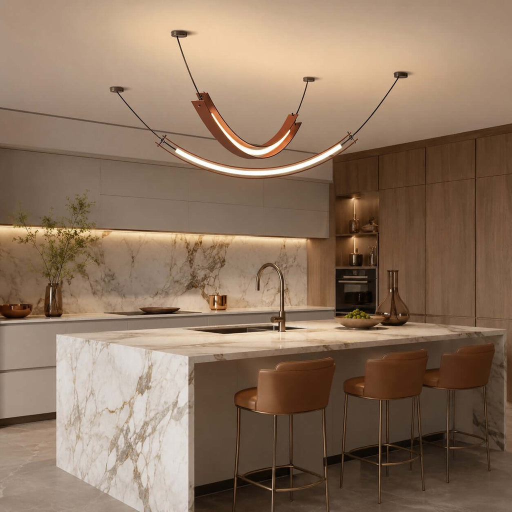A Clérachic pendant with a terracotta U-shaped curve and a long lit strip beneath it, above a marble kitchen island and tan stools.