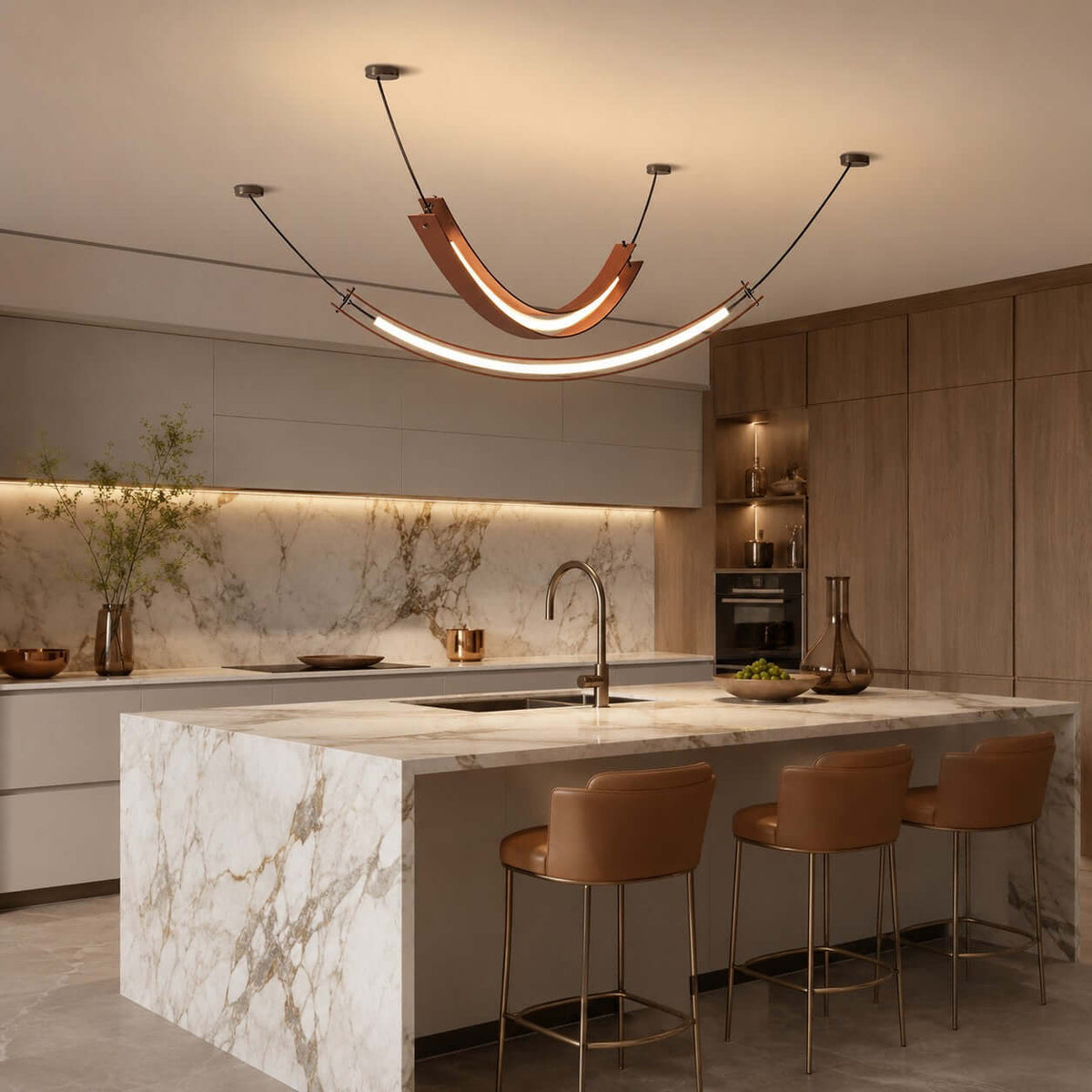 A Clérachic pendant with a terracotta U-shaped curve and a long lit strip beneath it, above a marble kitchen island and tan stools.