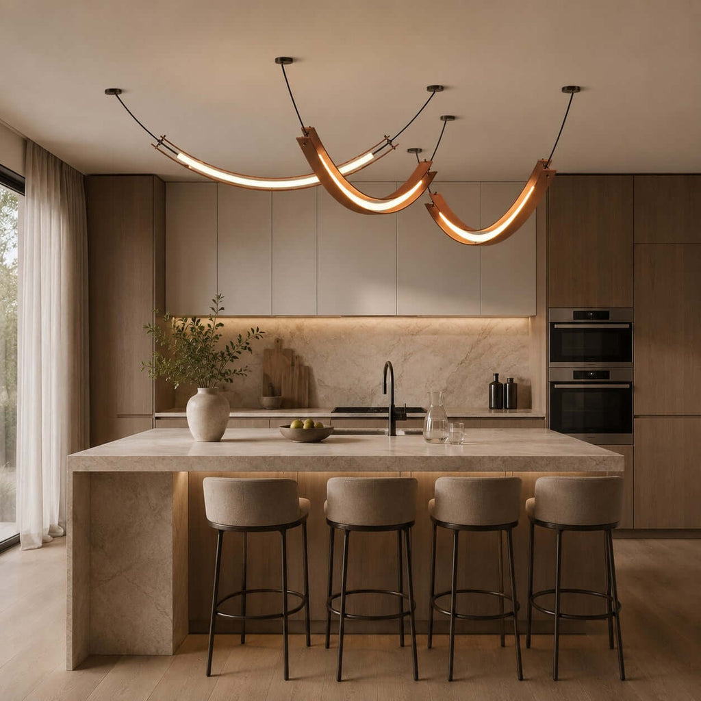 Three Clérachic curved pendants, two terracotta U-shapes and a long slim strip, are hung together above a stone kitchen island.