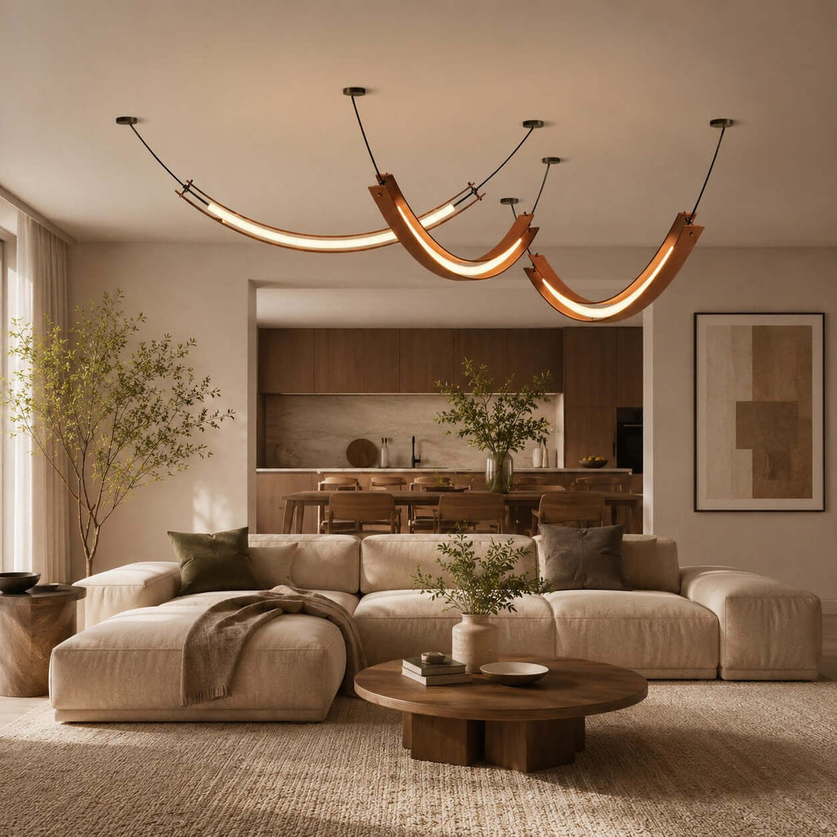 Several Clérachic curved pendants hang over an open living room with a cream sectional, a round wooden coffee table and a kitchen beyond.