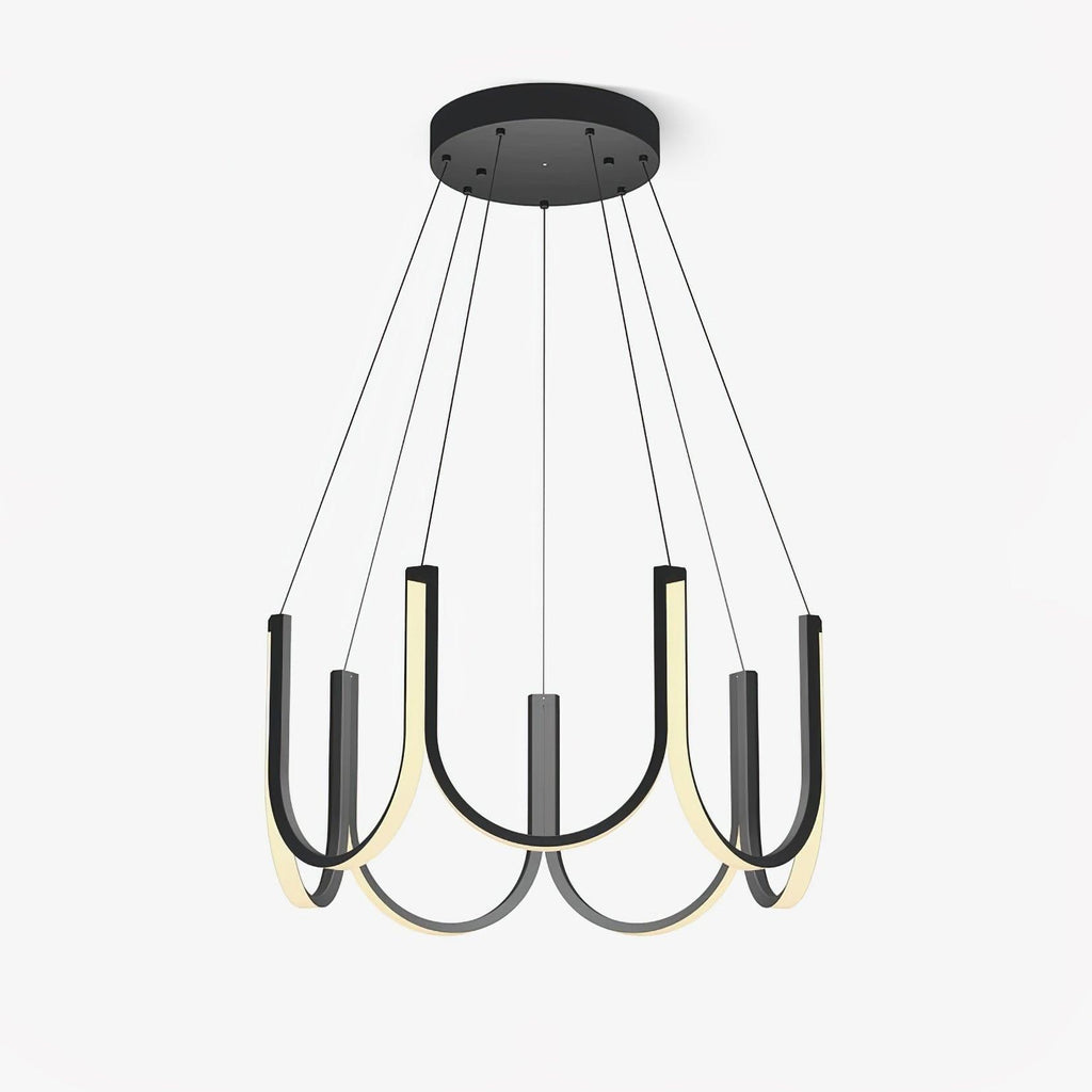 Clérachic looped arm pendant on white, six aluminium U-modules hung from a black canopy.