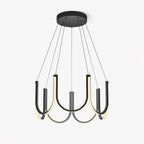 Clérachic looped arm pendant on white, six aluminium U-modules hung from a black canopy.