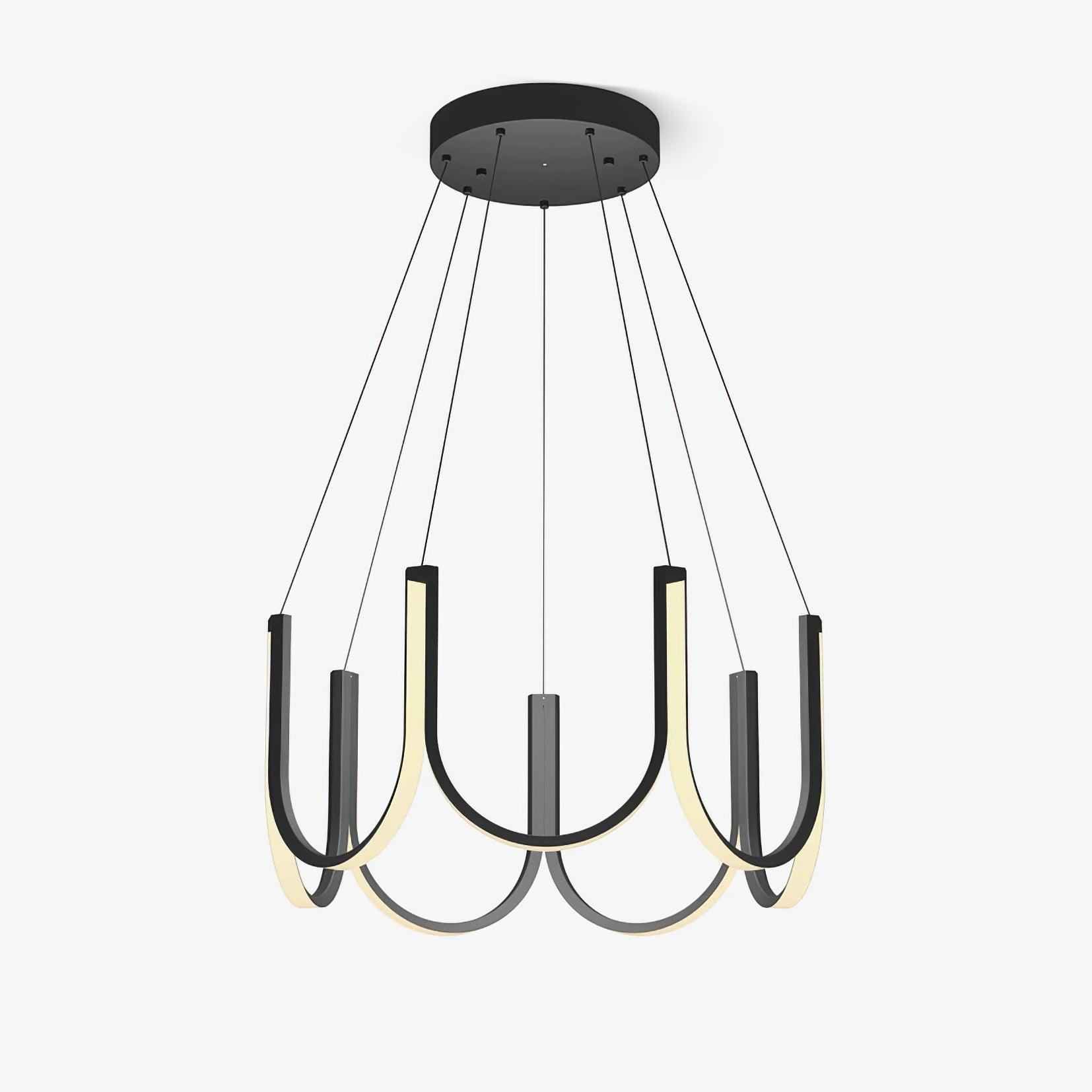 Clérachic looped arm pendant on white, six aluminium U-modules hung from a black canopy.