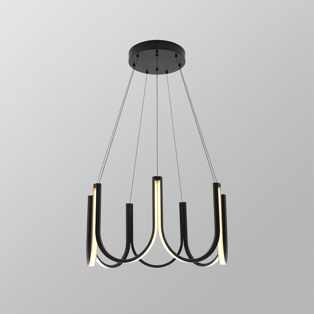 The Clérachic looped arm pendant on grey, full silhouette with its suspension cables visible.