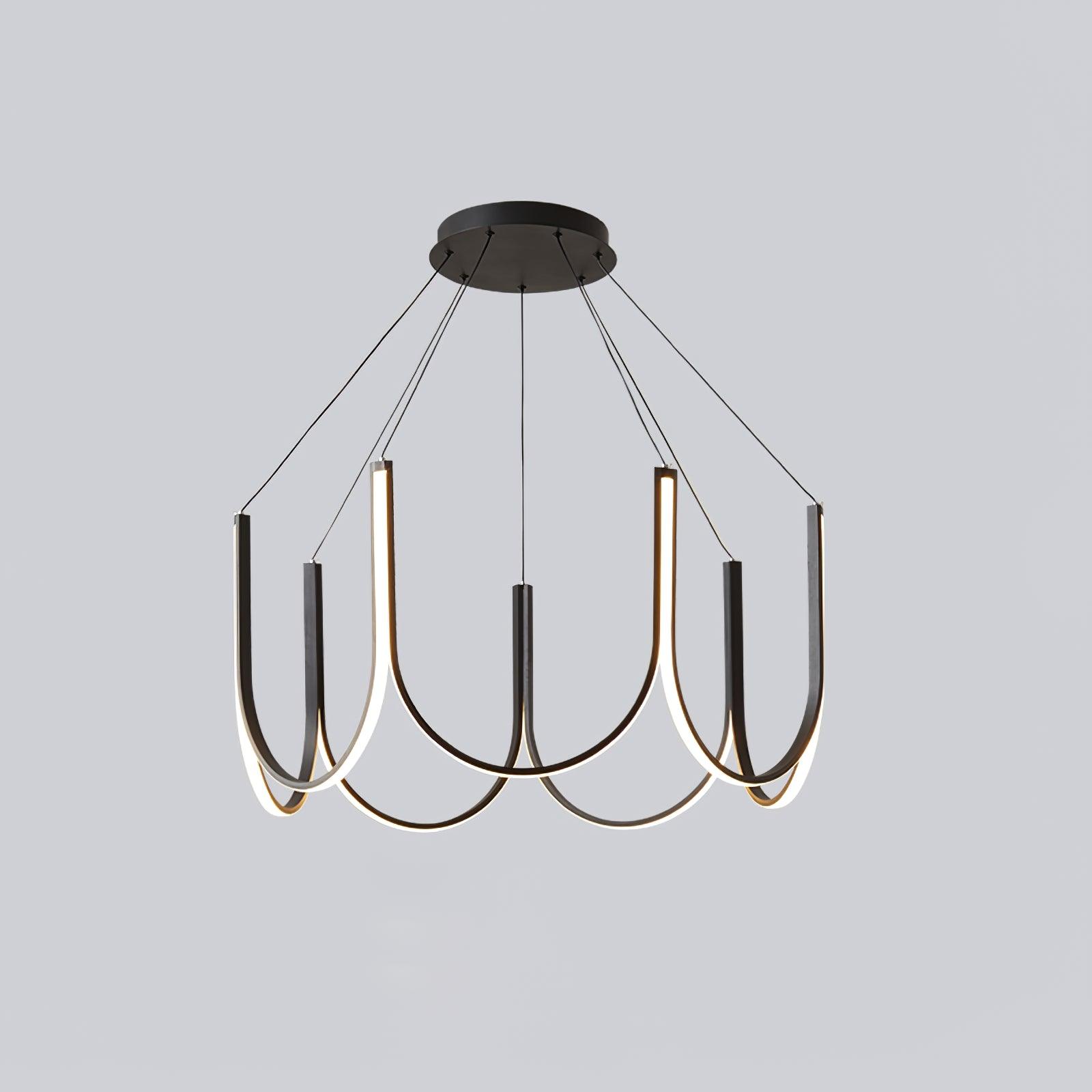 Clérachic looped arm pendant on grey, canopy and cables squared up straight on.