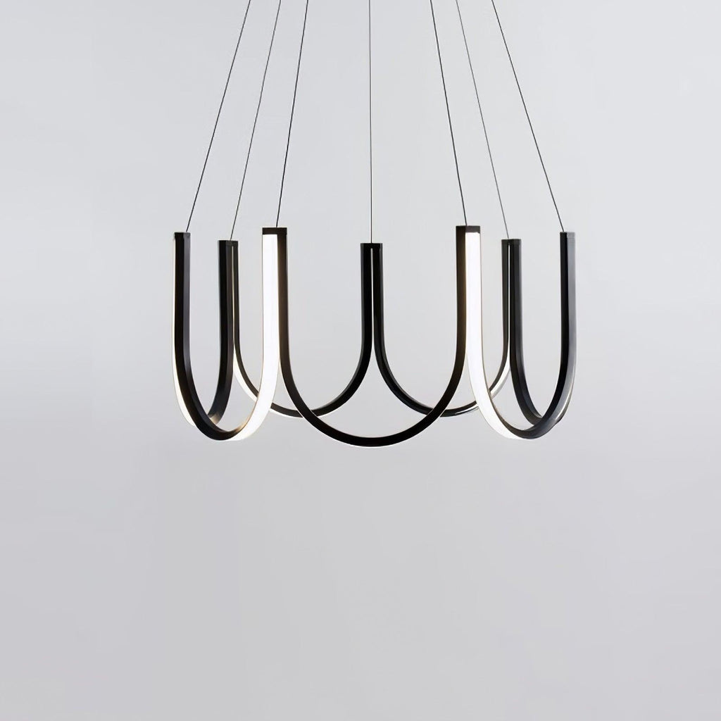 Clérachic looped arm pendant viewed from below, six lit loops fanning outward.