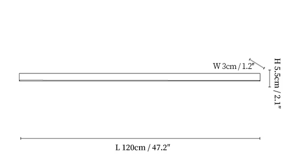 Dimension drawing of the ultra slim linear ceiling light, in outline against white.