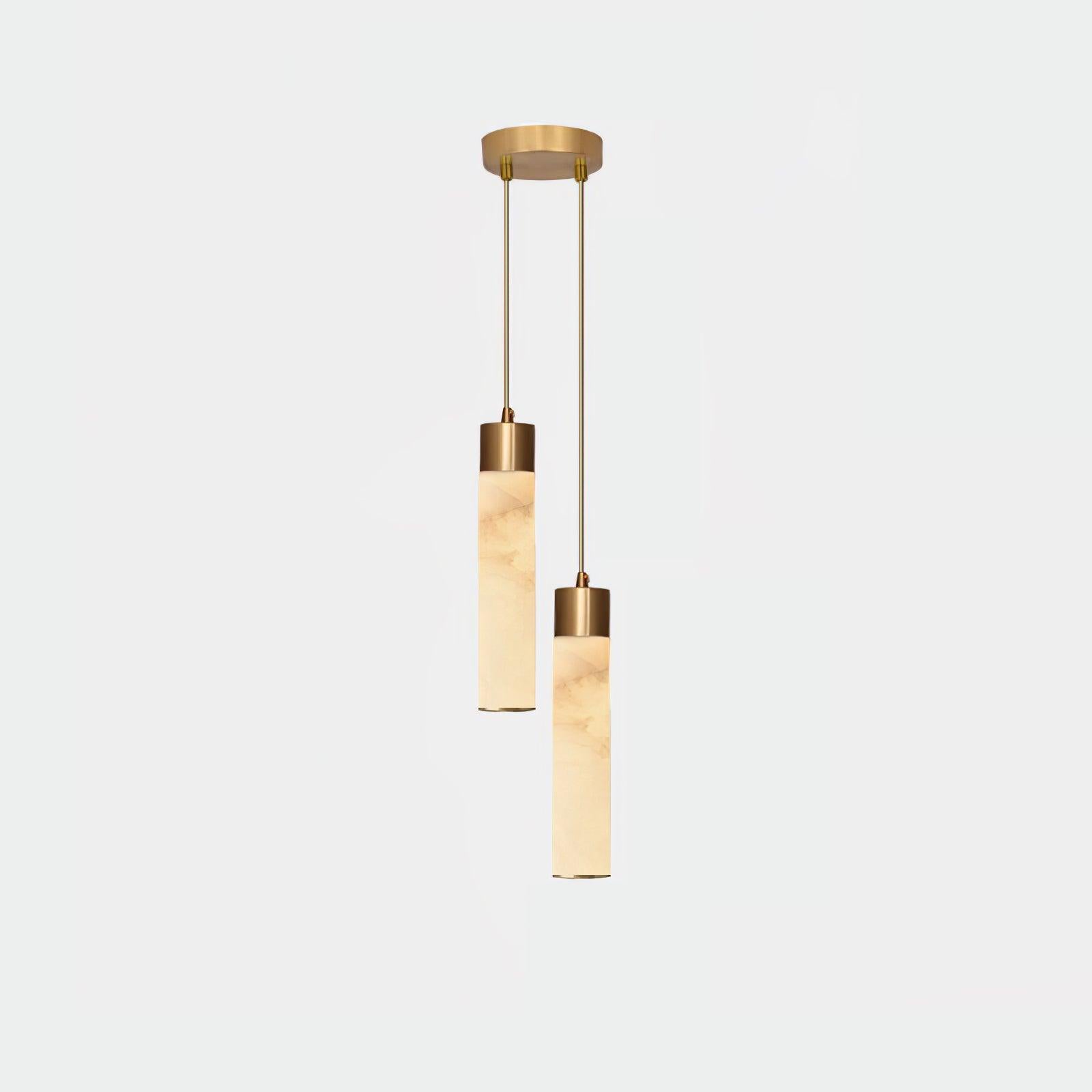 The Clérachic two-head canopy photographed straight on, its short alabaster tubes set close together on slim brass cords.