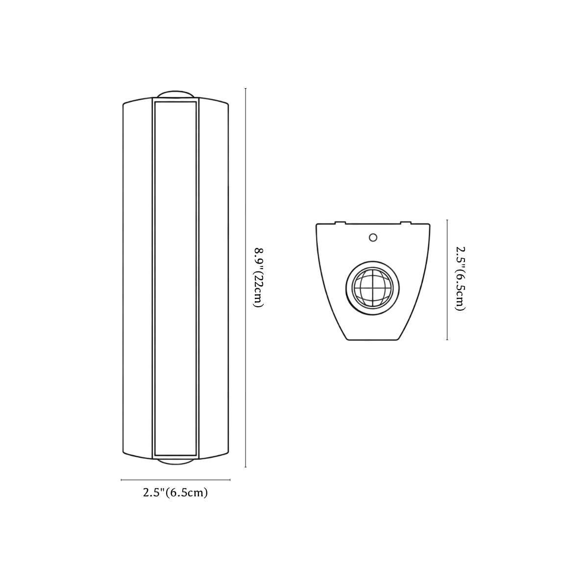 Clérachic wall light dimension drawing, every measurement marked in centimetres and inches.
