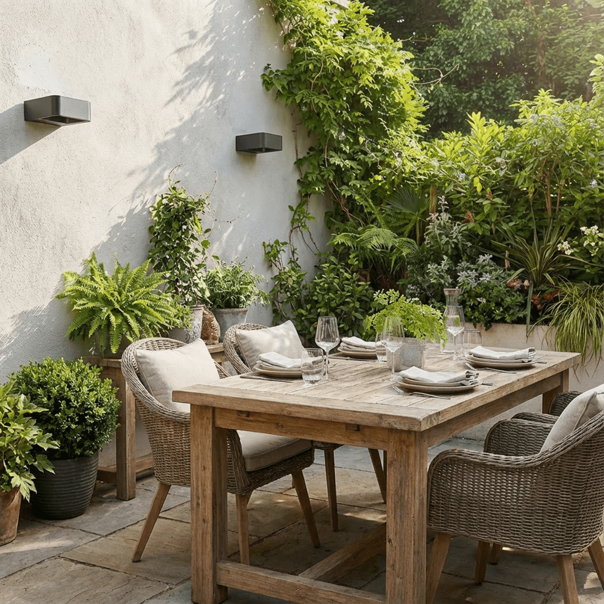 Two Clérachic black up-and-down wall lights on a rendered courtyard wall above a timber table and wicker chairs by day.