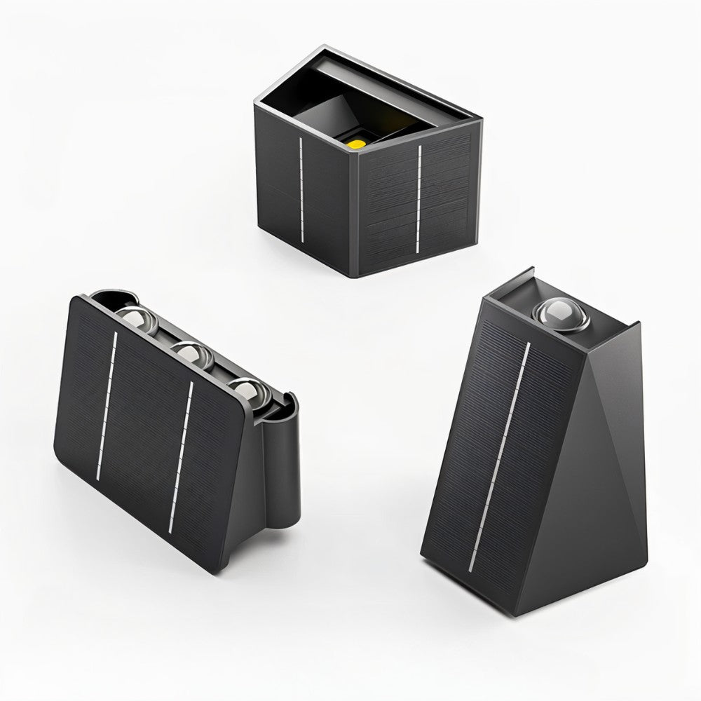 Clérachic black solar wall lights shown in three forms: a boxy one, a wide multi-head panel and a tilted wedge.