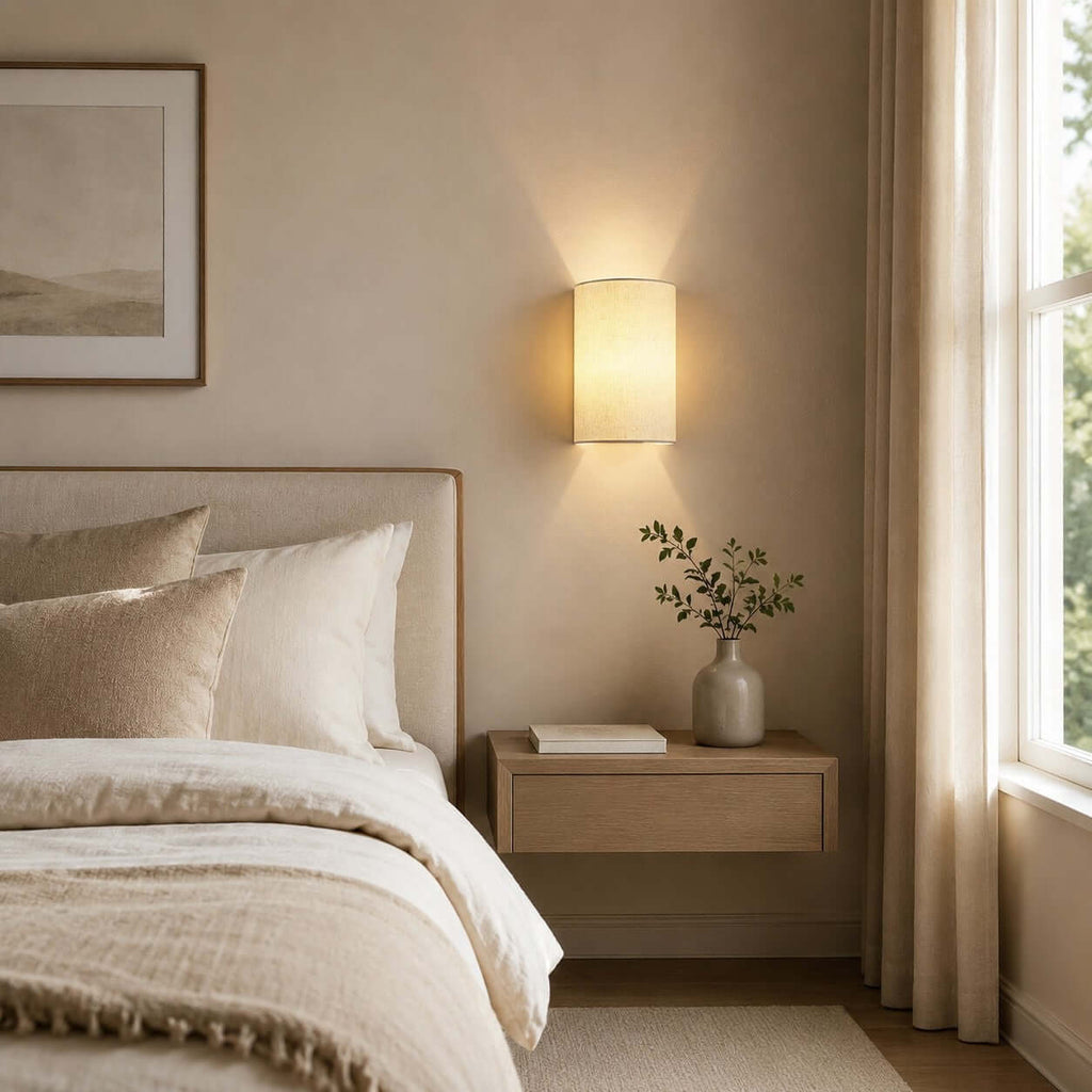 Clérachic fabric wall light above a floating bedside shelf, with a cream bed and a sunlit window with linen curtains.