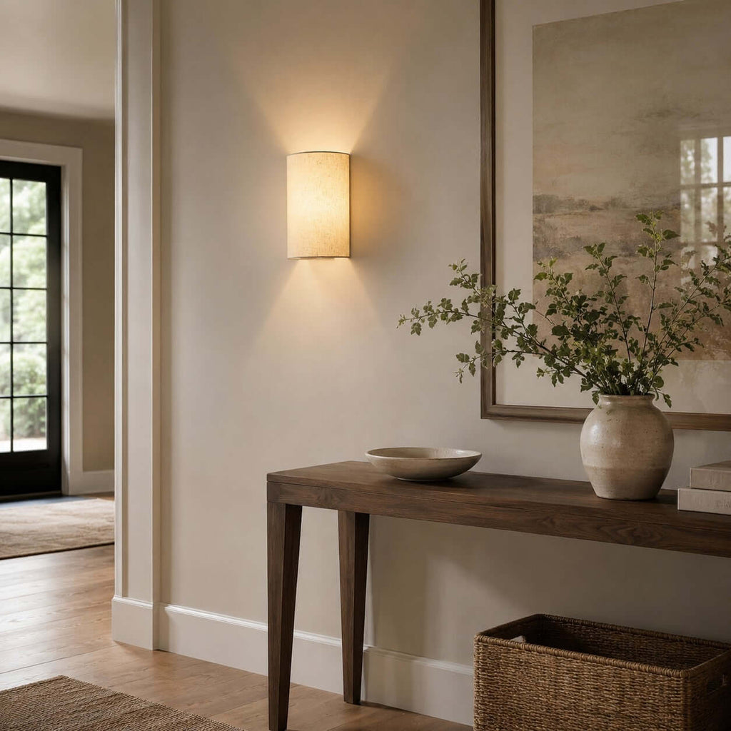 Clérachic fabric wall light above a dark wood console with a bowl and a large vase of green stems, beside a glazed door.