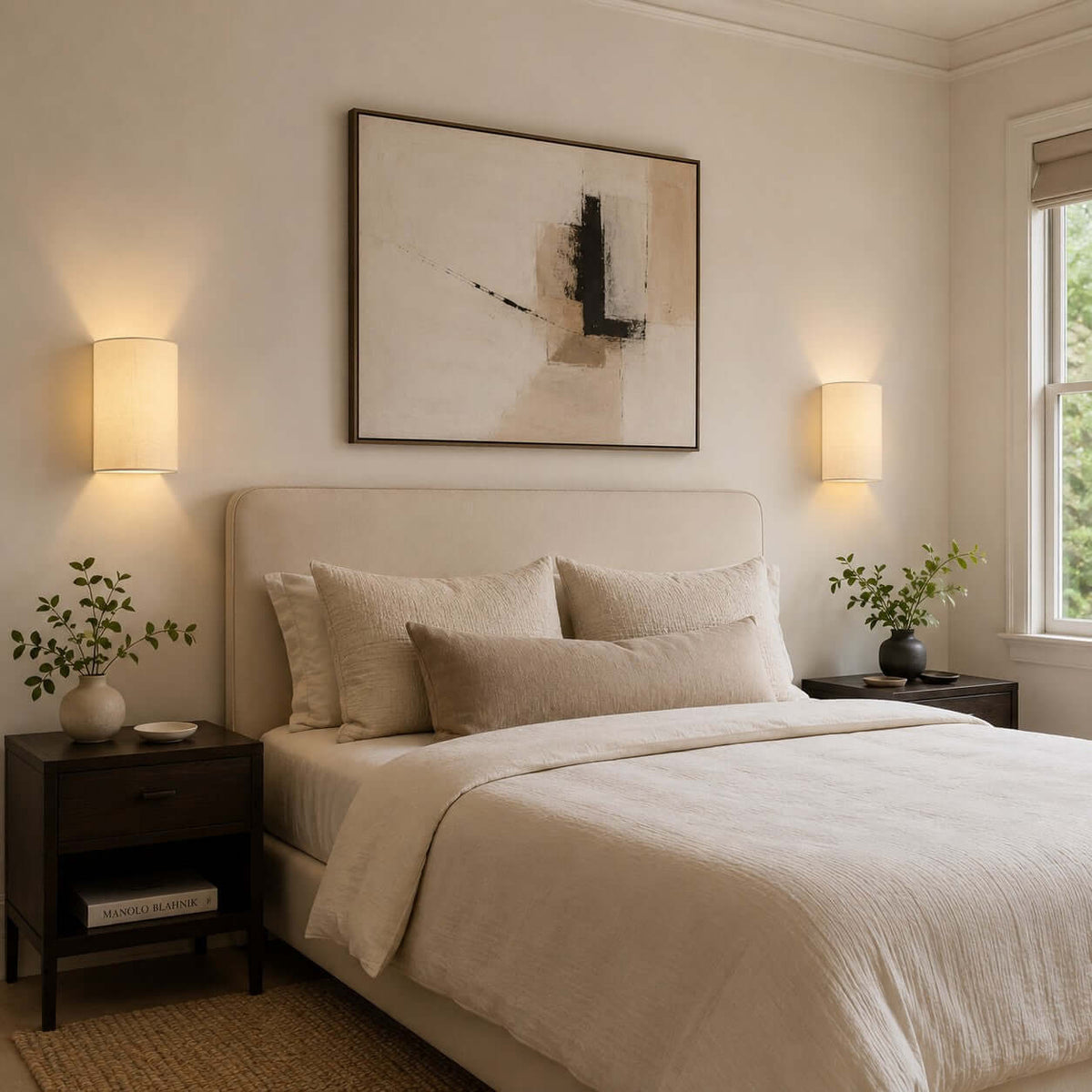 Pair of Clérachic wall lights either side of a bed with a cream headboard and a large abstract print on the wall.