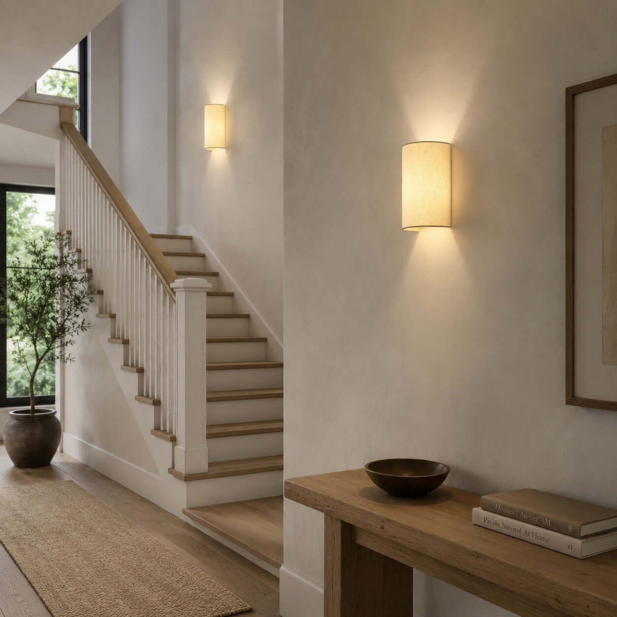 Clérachic wall lights at a staircase landing, a nearer one above a wooden console with a bowl and books, and one further up.