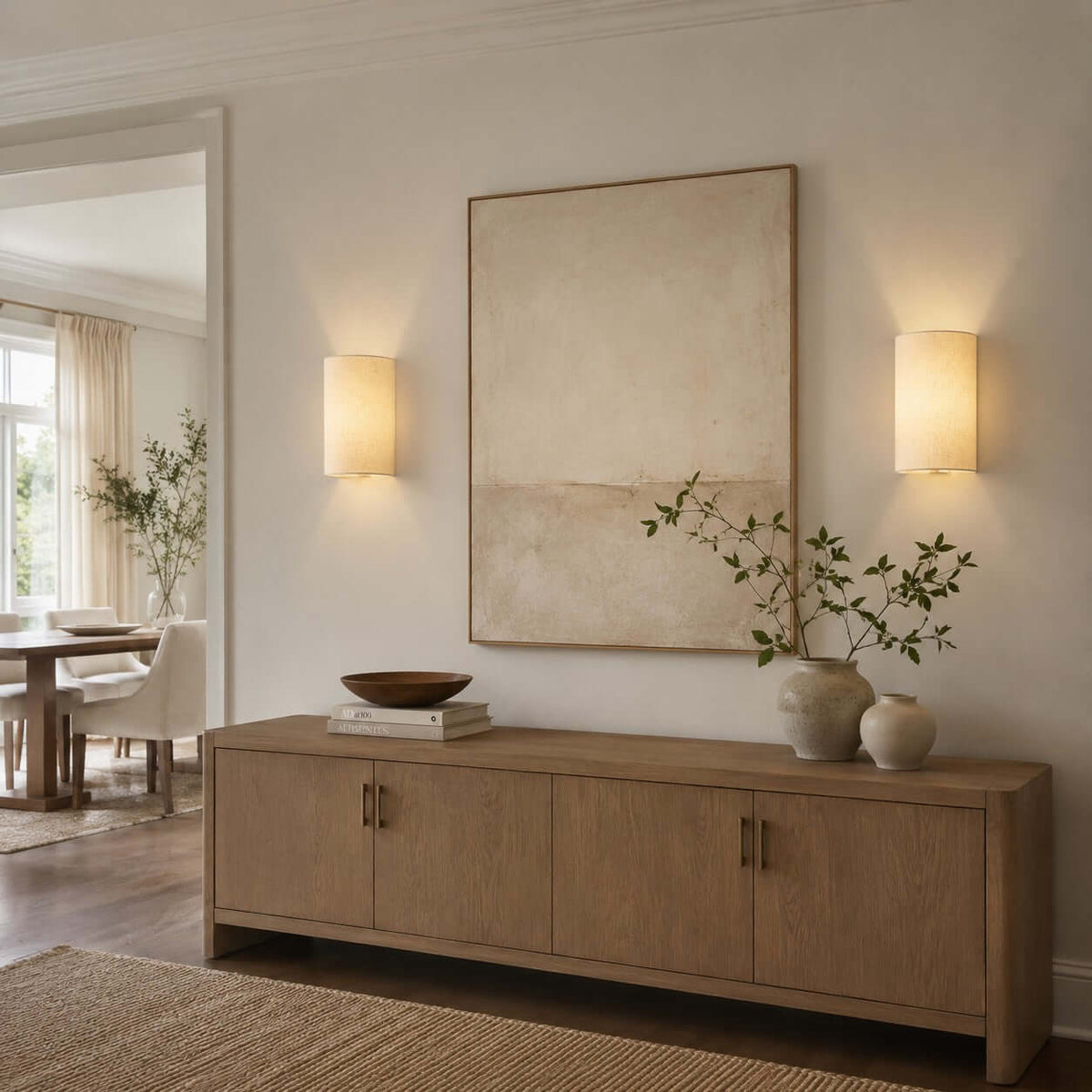 Pair of Clérachic wall lights either side of a large framed print above an oak sideboard, with a dining room beyond.