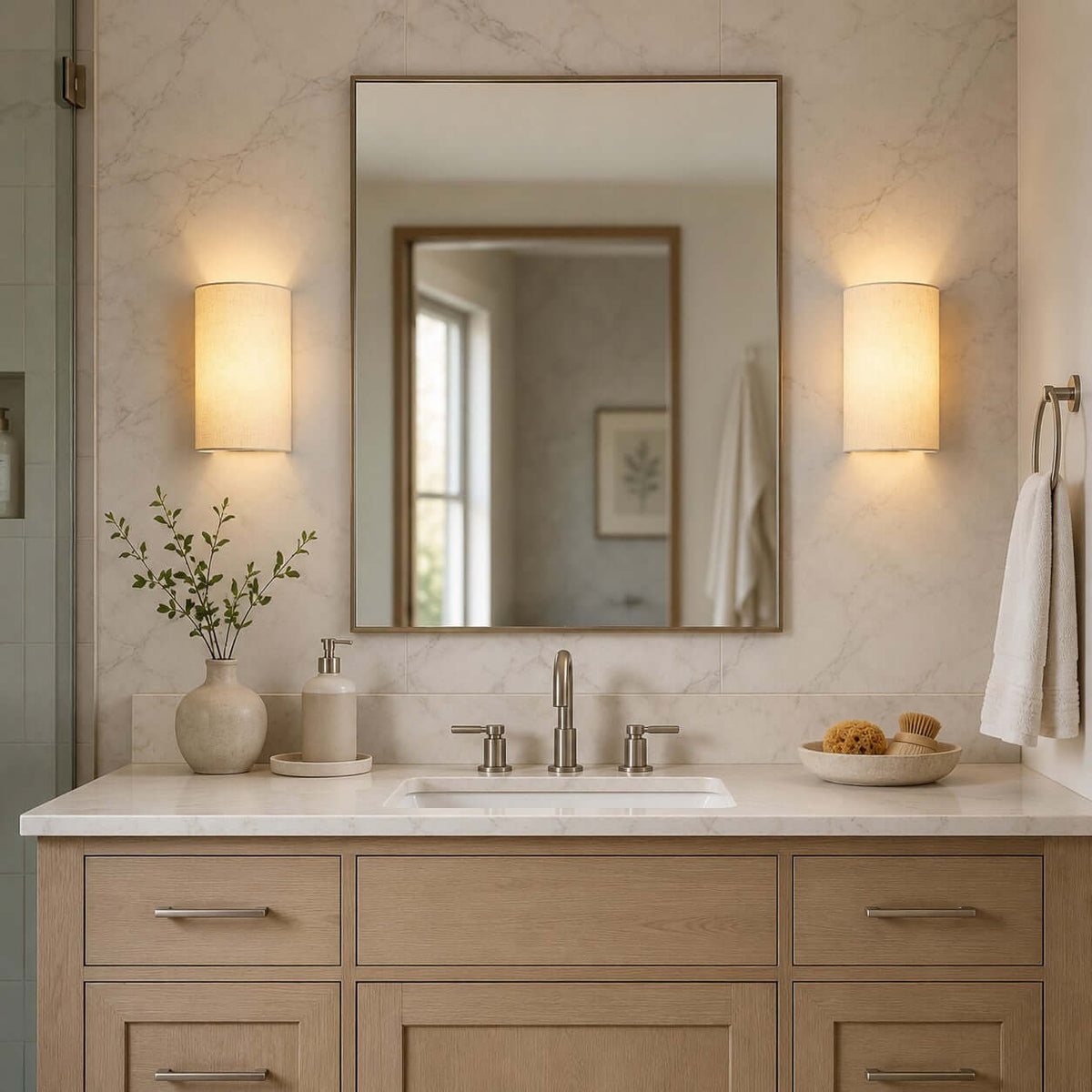 Pair of Clérachic wall lights flanking a mirror above a bathroom vanity with a marble worktop and brushed metal taps.