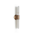 Clérachic Up-Down Wall Sconce shown unlit on a white wall, its alabaster blade banded by an aged brass collar.