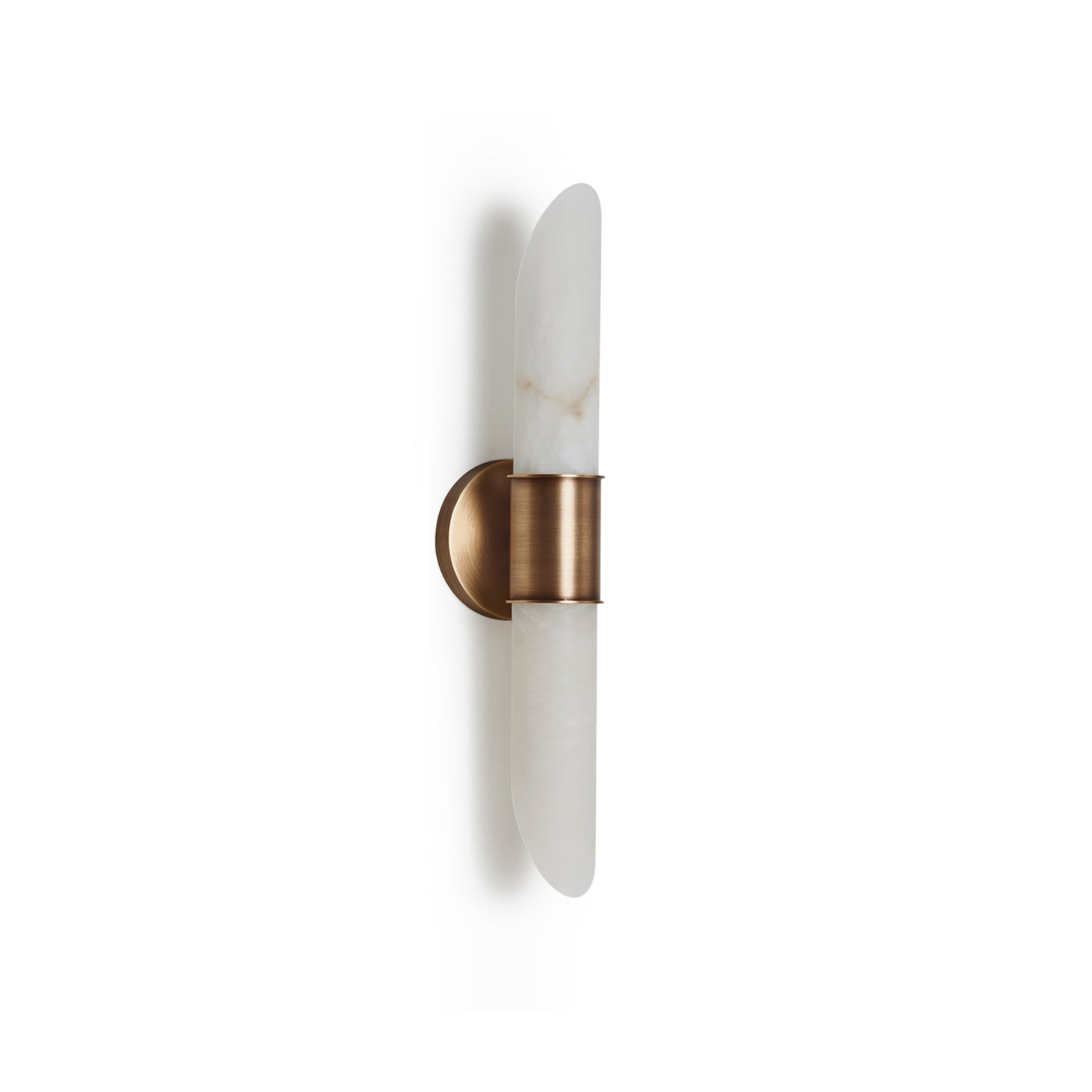 Clérachic Up-Down Wall Sconce shown unlit on a white wall, its alabaster blade banded by an aged brass collar.