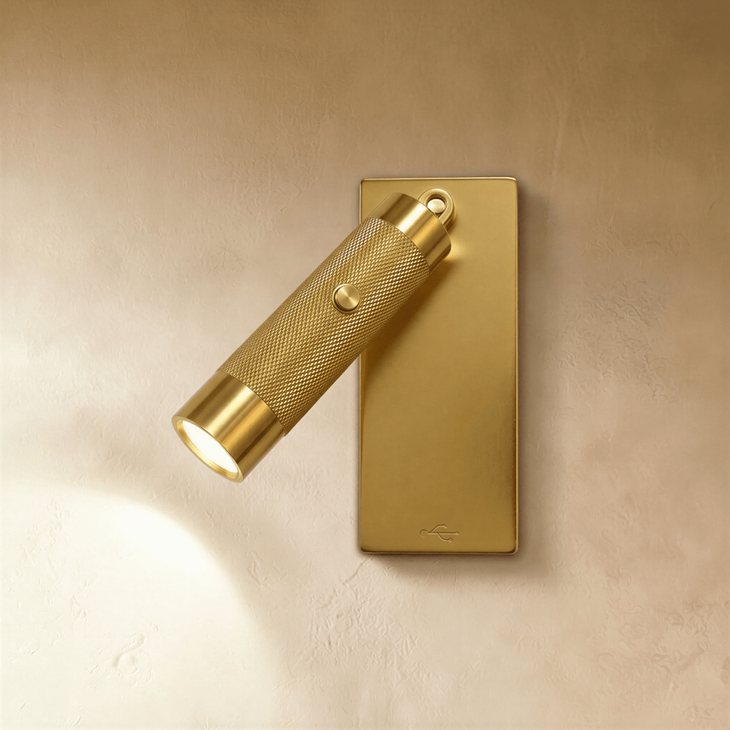 Clérachic wall reading light in bright gold, a knurled cylinder spot with a push switch on a slim rectangular backplate.