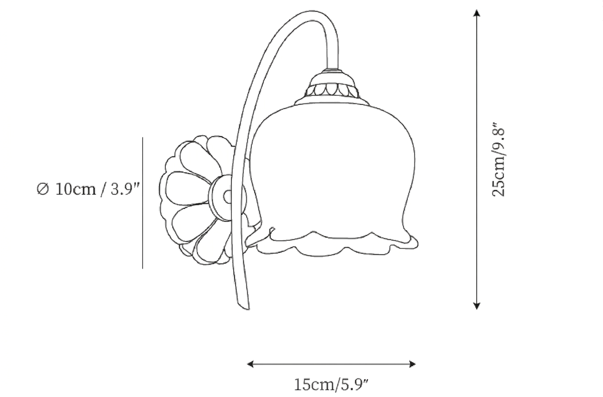 Dimension drawing of this Clérachic wall light, with its height, depth and back plate width marked.