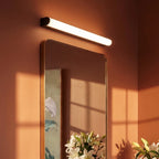 Clérachic linear wall light with a black end cap and bright frosted diffuser, fixed above a gold-framed mirror.
