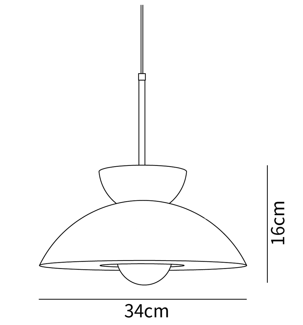 Dimension drawing of this Clérachic pendant, with its 16 cm height and 34 cm width marked.