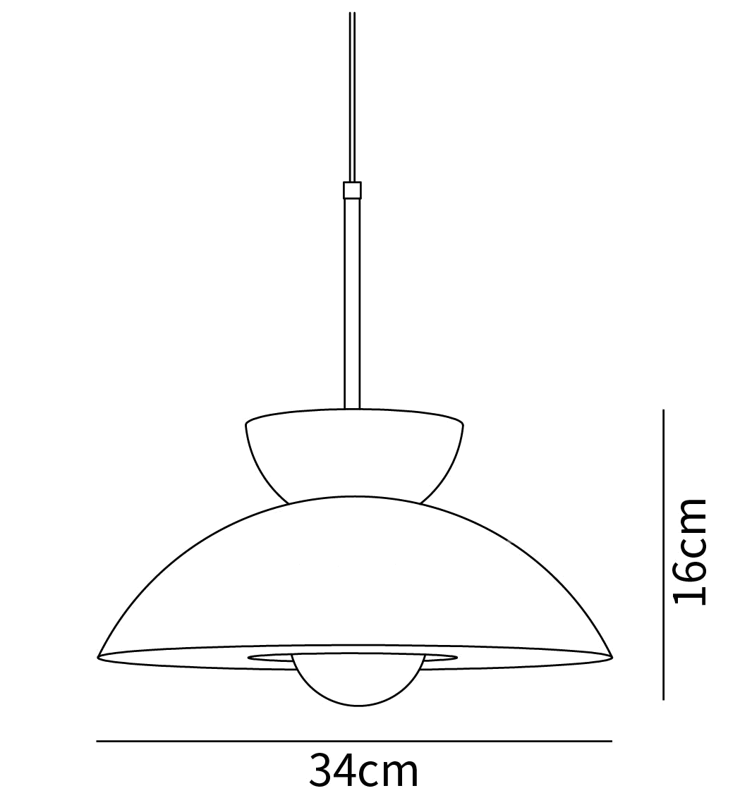 Dimension drawing of this Clérachic pendant, with its 16 cm height and 34 cm width marked.
