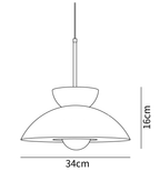 Dimension drawing of this Clérachic pendant, with its 16 cm height and 34 cm width marked.