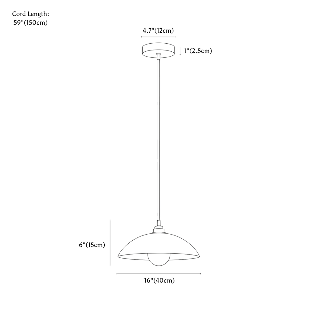 Clérachic pendant light dimension drawing, 40 cm, every measurement marked in centimetres and inches.