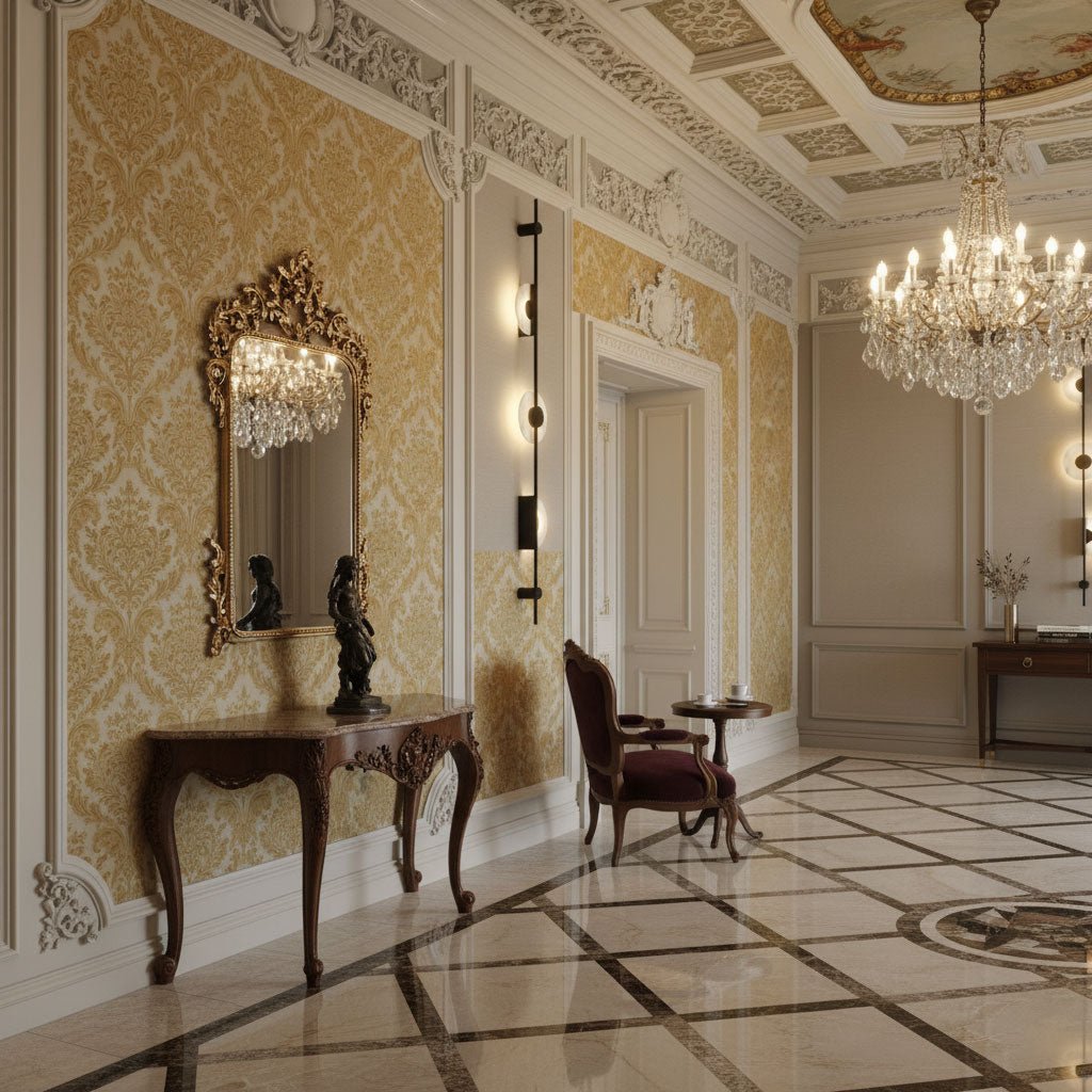 Tall black Clérachic sconce lit on a gold damask wall in a grand hall, with a gilt mirror, carved console and crystal chandelier.