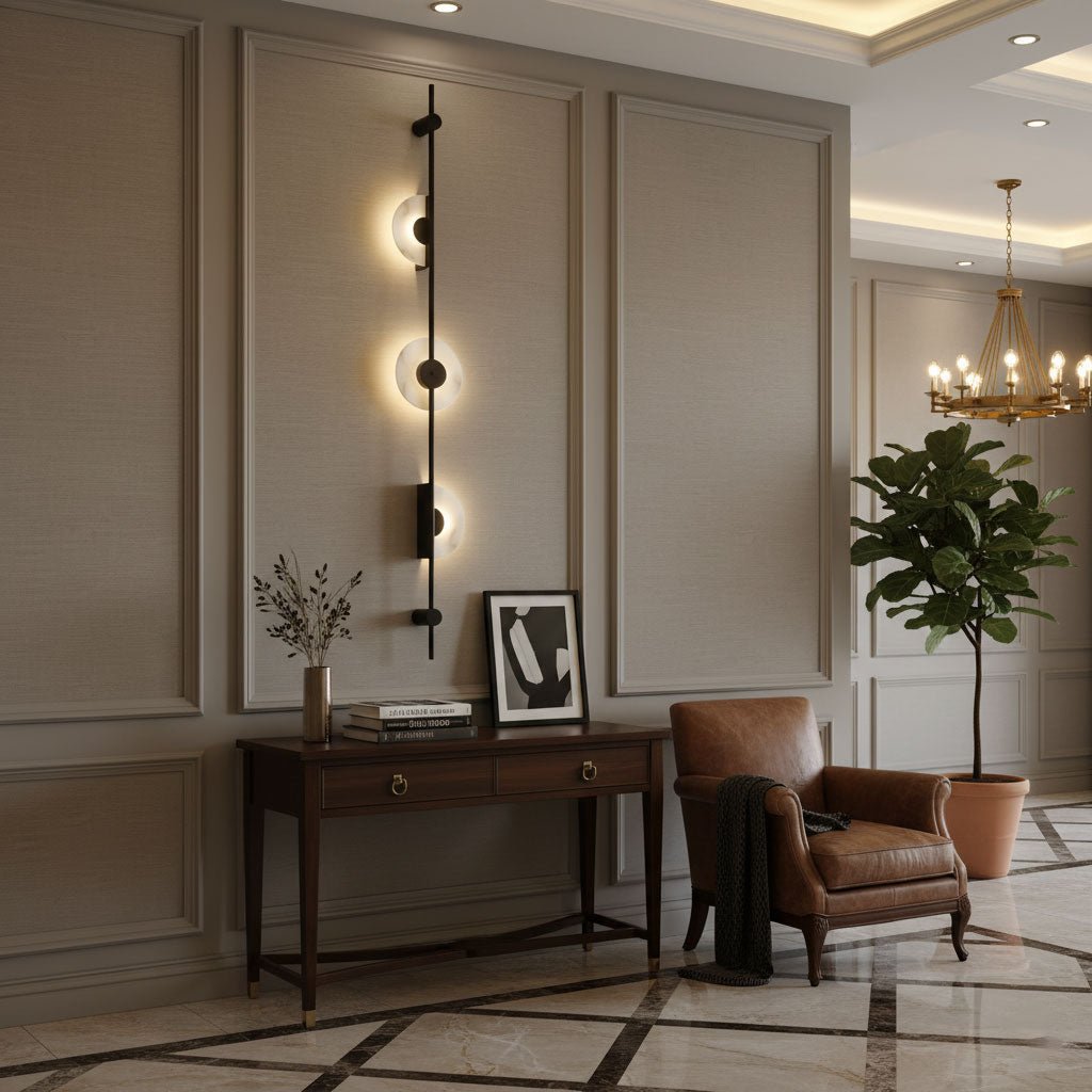 Three-disc black Clérachic sconce glowing on a panelled taupe wall above a dark console, with a leather armchair and a fiddle-leaf fig.