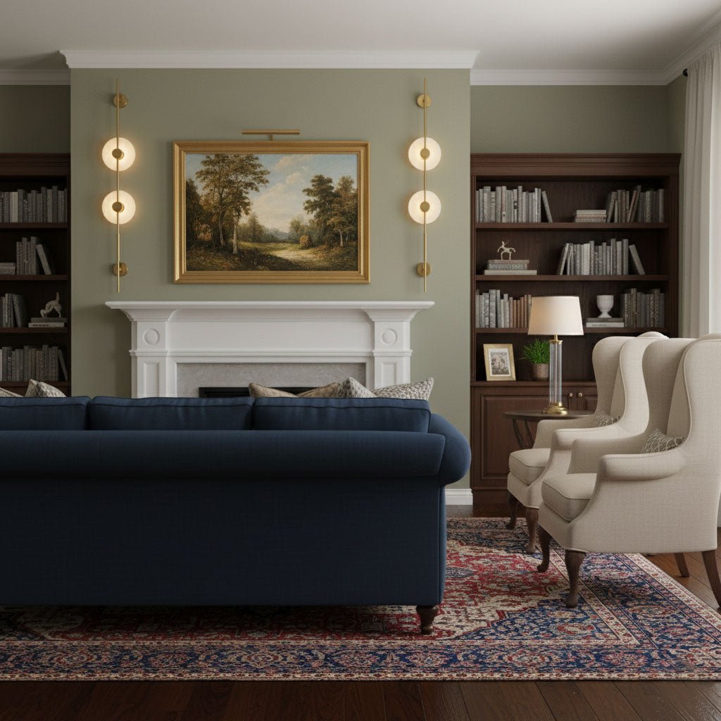 Gold Clérachic vertical sconces with two lit discs each, either side of a framed landscape above a white mantel, in a green-grey library.