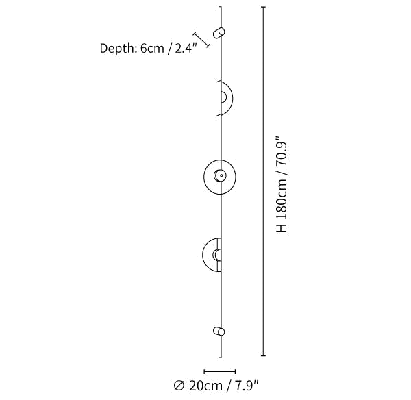 Dimension drawing of this Clérachic three-disc sconce, with its 180 cm (70.9″) height, 20 cm (7.9″) width and 6 cm (2.4″) depth marked.