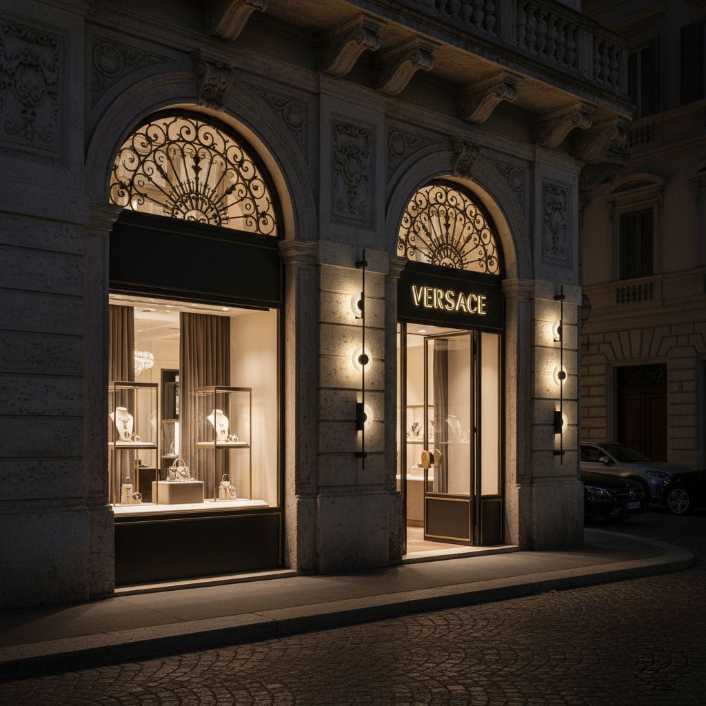 Pairs of slim Clérachic vertical sconces lit either side of a shop doorway and arched windows, on a stone facade at night.