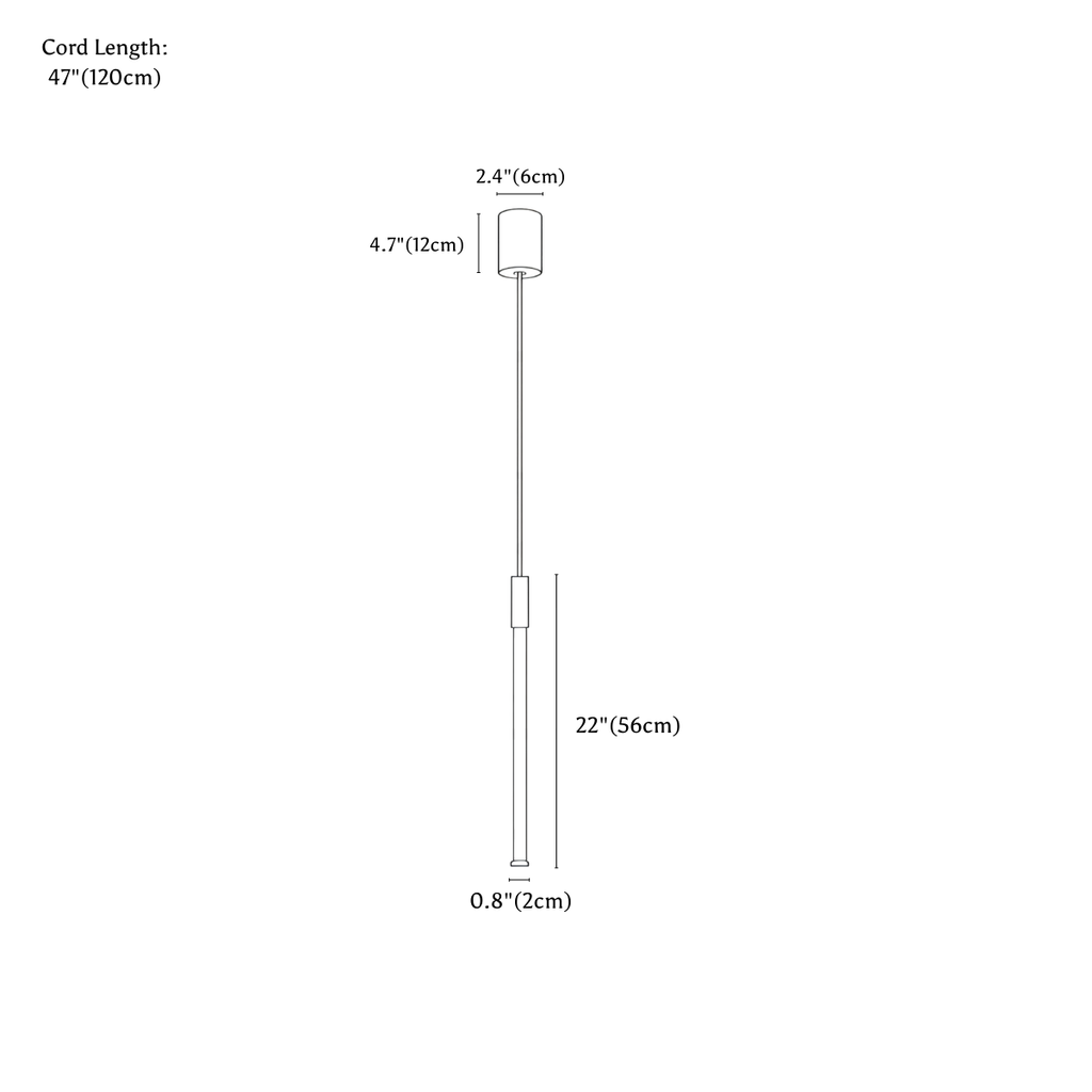 Clérachic pendant light dimension drawing, 56 cm, every measurement marked in centimetres and inches.