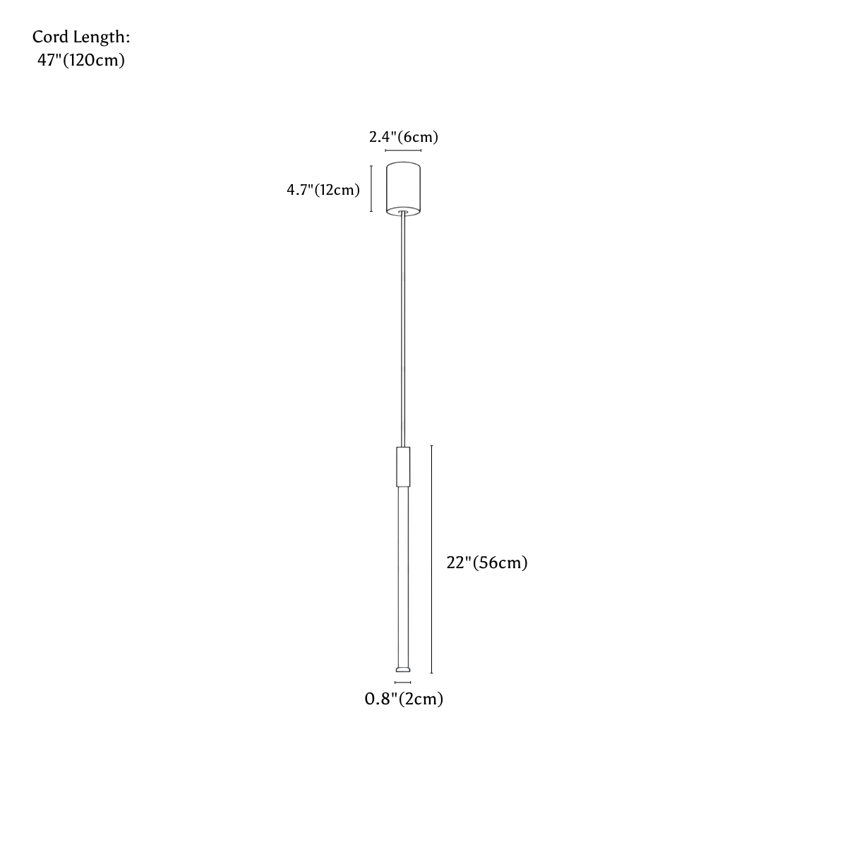 Clérachic pendant light dimension drawing, 56 cm, every measurement marked in centimetres and inches.